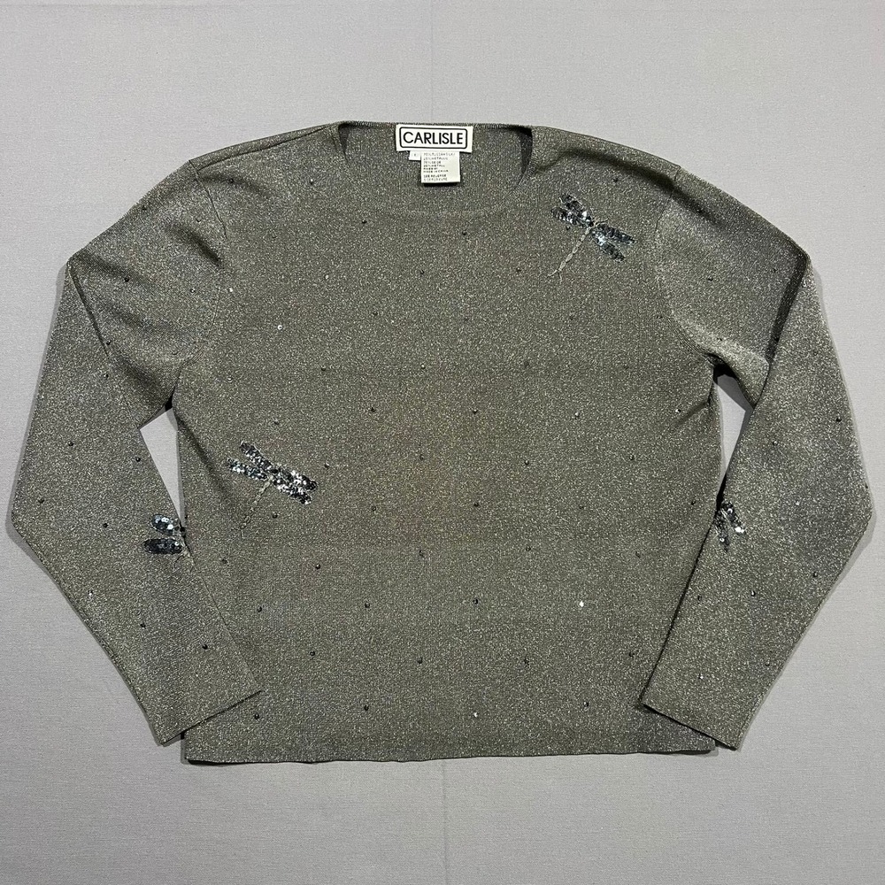 Vintage Carlisle Silk Blend Metallic Dragonfly Sequin‎ Top Silver Womens L READ